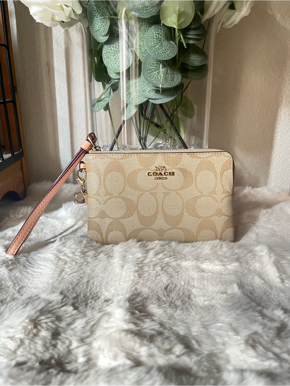 Coach Signature Canvas Wristlet in Khaki/Tan with Pink Accent